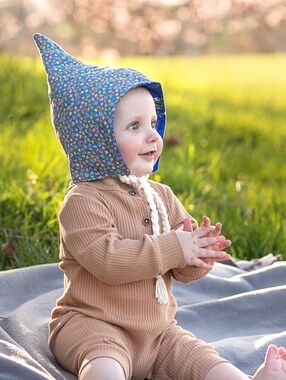 Quilted Upcycled Blue Mushroom Pixie Hat Bonnet Fully lined 6-12 months